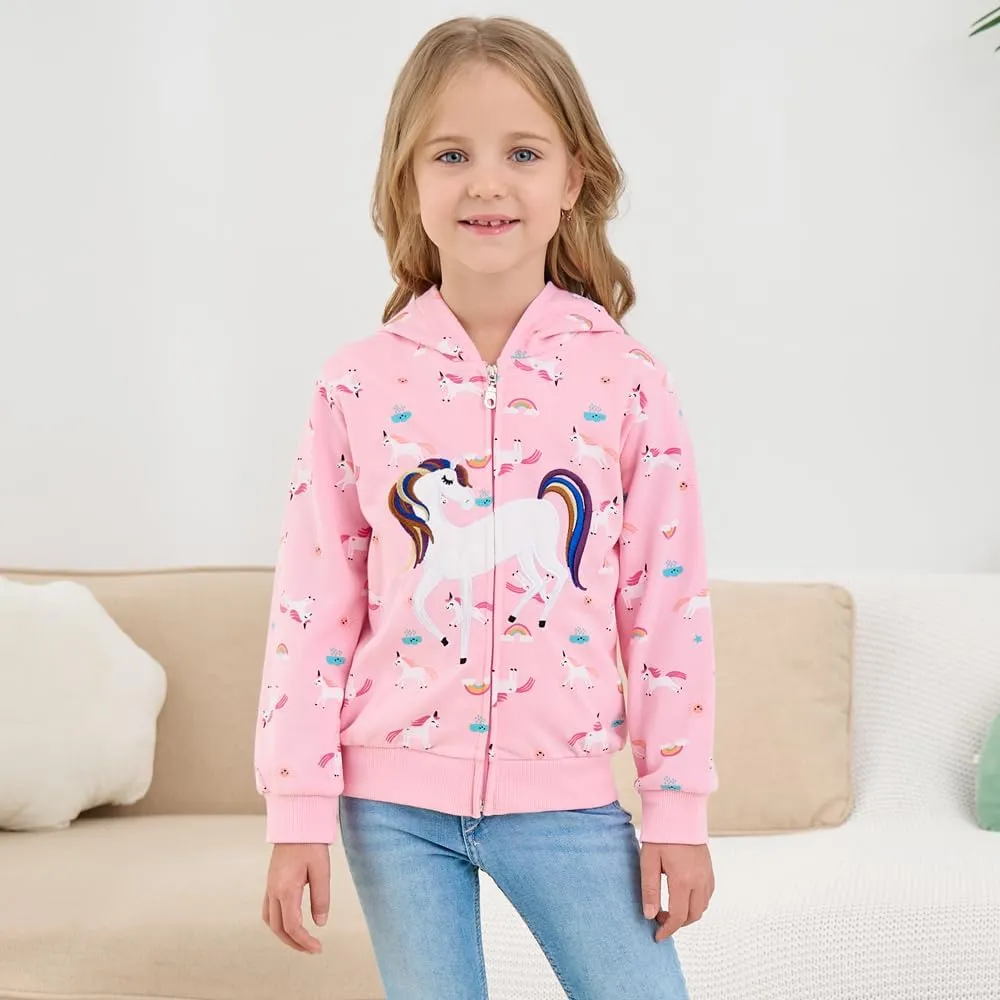Akyzic Girls Zip Up Hoodie Toddler Lightweight Fall Jacket Cotton Unicorn Hooded Sweatshirt Kids Winter Outerwear
