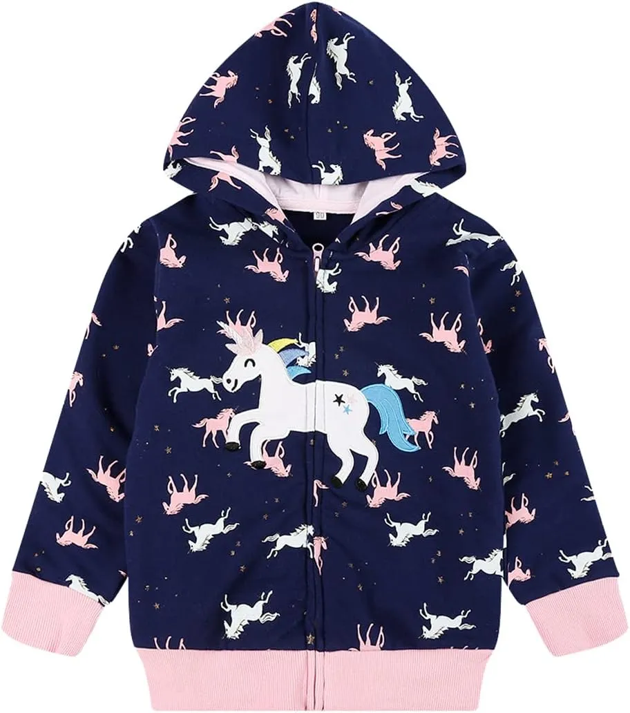 Akyzic Girls Zip Up Hoodie Toddler Lightweight Fall Jacket Cotton Unicorn Hooded Sweatshirt Kids Winter Outerwear