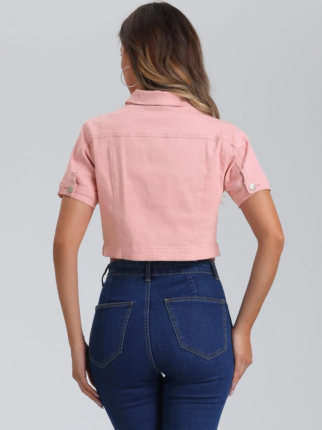 Allegra K Casual Denim Jacket for Women's Turndown Collar Short Sleeves Crop Jean Jackets