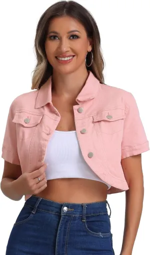 Allegra K Casual Denim Jacket for Women's Turndown Collar Short Sleeves Crop Jean Jackets