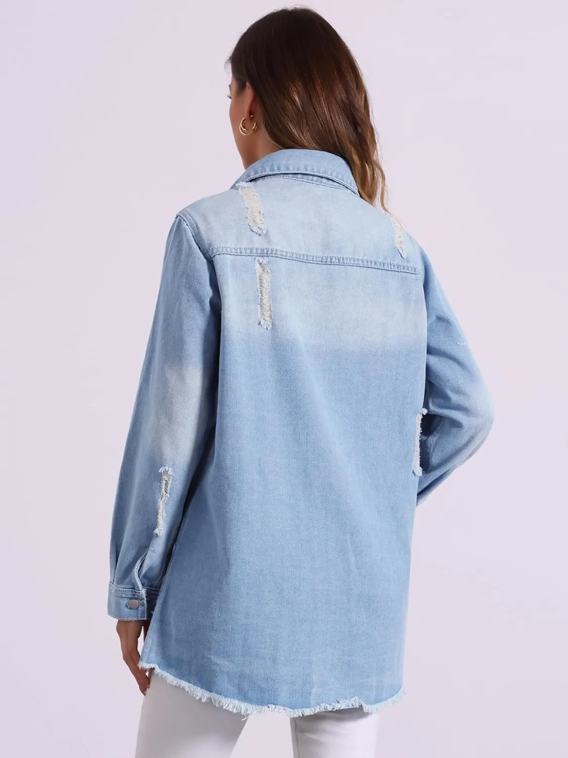 Allegra K Denim Jacket for Women's Distressed Frayed Hem Button Down Jean Jackets