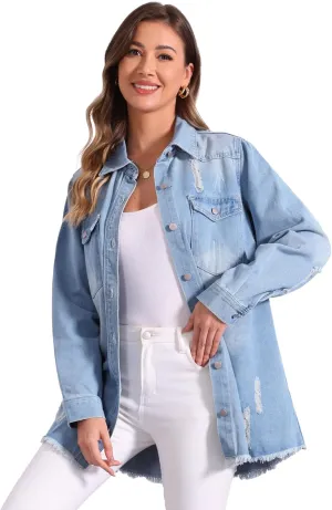 Allegra K Denim Jacket for Women's Distressed Frayed Hem Button Down Jean Jackets