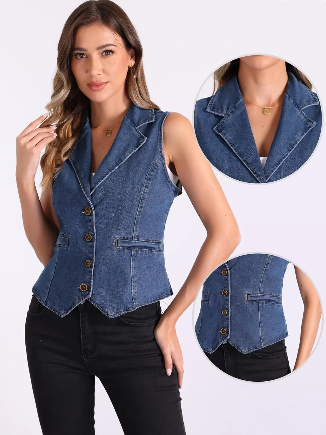 Allegra K Denim Waistcoat for Women's Sleeveless Jackets Button Closure Notched Lapel Vest