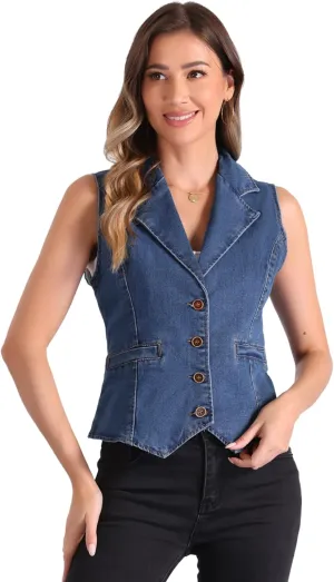 Allegra K Denim Waistcoat for Women's Sleeveless Jackets Button Closure Notched Lapel Vest
