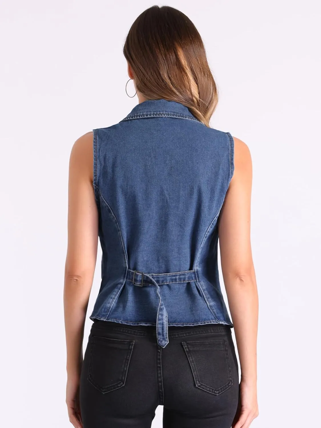 Allegra K Denim Waistcoat for Women's Sleeveless Jackets Button Closure Notched Lapel Vest