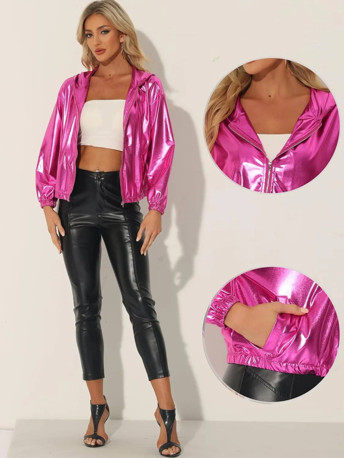 Allegra K Holographic Jackets for Women's Hooded Long Sleeve Zipper Christmas Metallic Jacket