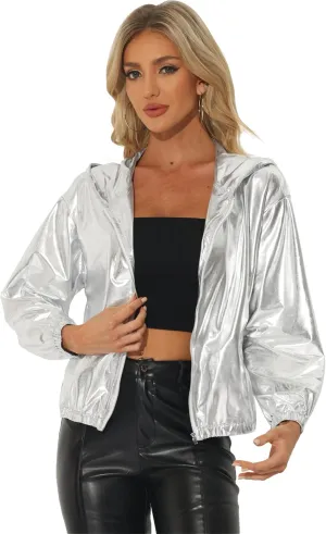 Allegra K Holographic Jackets for Women's Hooded Long Sleeve Zipper Christmas Metallic Jacket