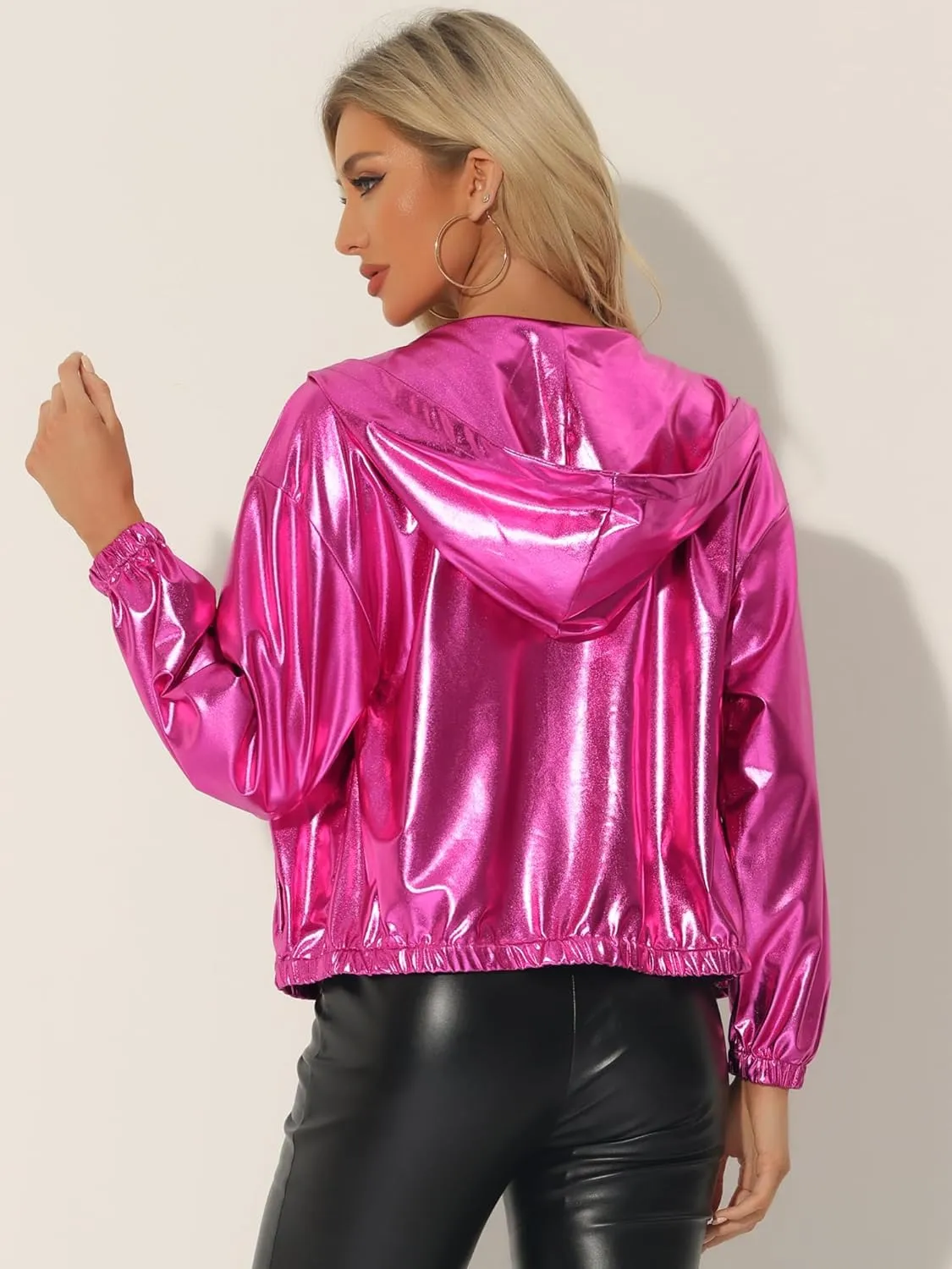 Allegra K Holographic Jackets for Women's Hooded Long Sleeve Zipper Christmas Metallic Jacket