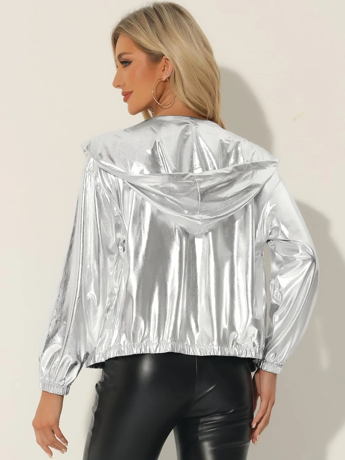 Allegra K Holographic Jackets for Women's Hooded Long Sleeve Zipper Christmas Metallic Jacket