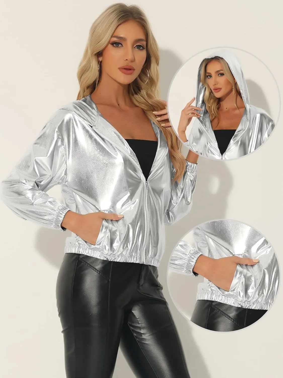 Allegra K Holographic Jackets for Women's Hooded Long Sleeve Zipper Christmas Metallic Jacket