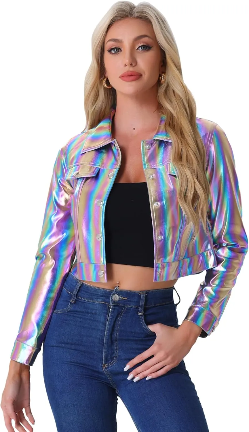 Allegra K Metallic Jacket for Women's Moto Biker Jacket Holographic Shiny Crop Party Jackets