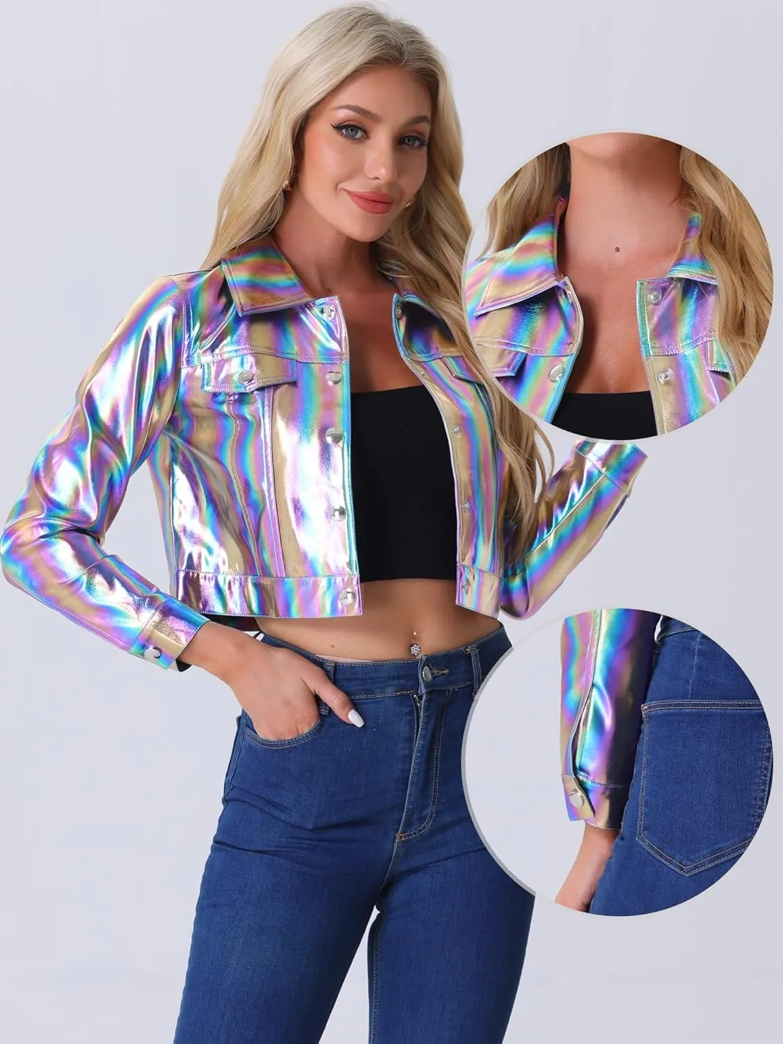 Allegra K Metallic Jacket for Women's Moto Biker Jacket Holographic Shiny Crop Party Jackets