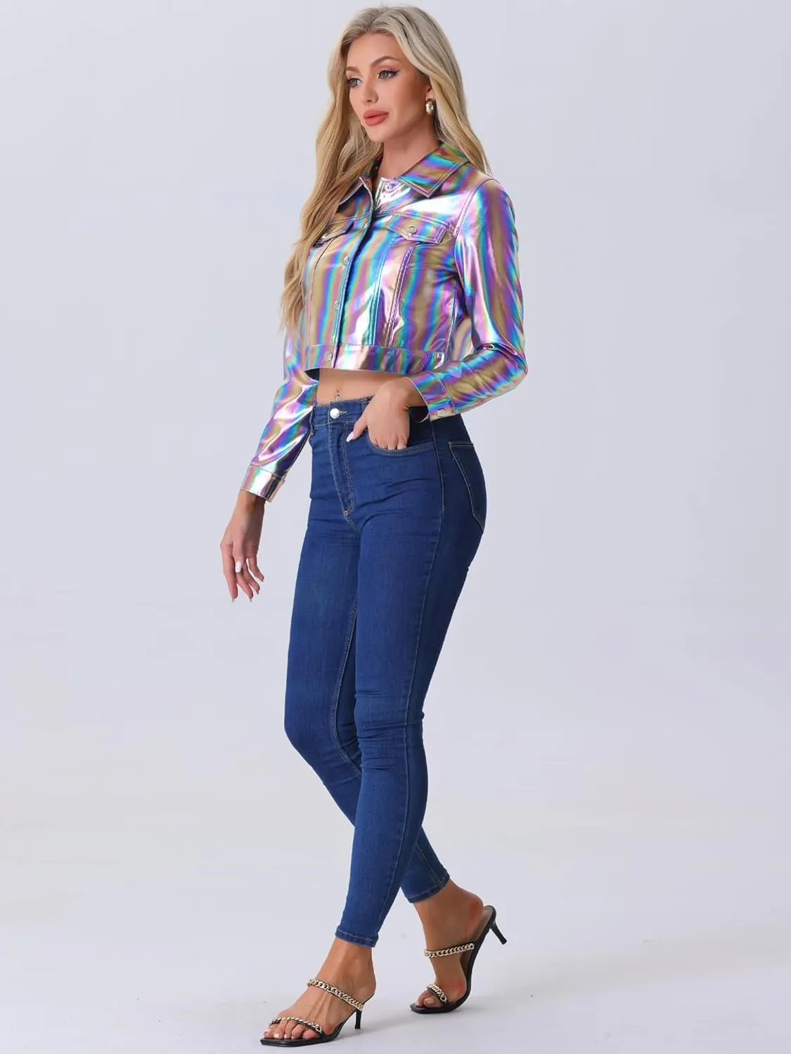 Allegra K Metallic Jacket for Women's Moto Biker Jacket Holographic Shiny Crop Party Jackets