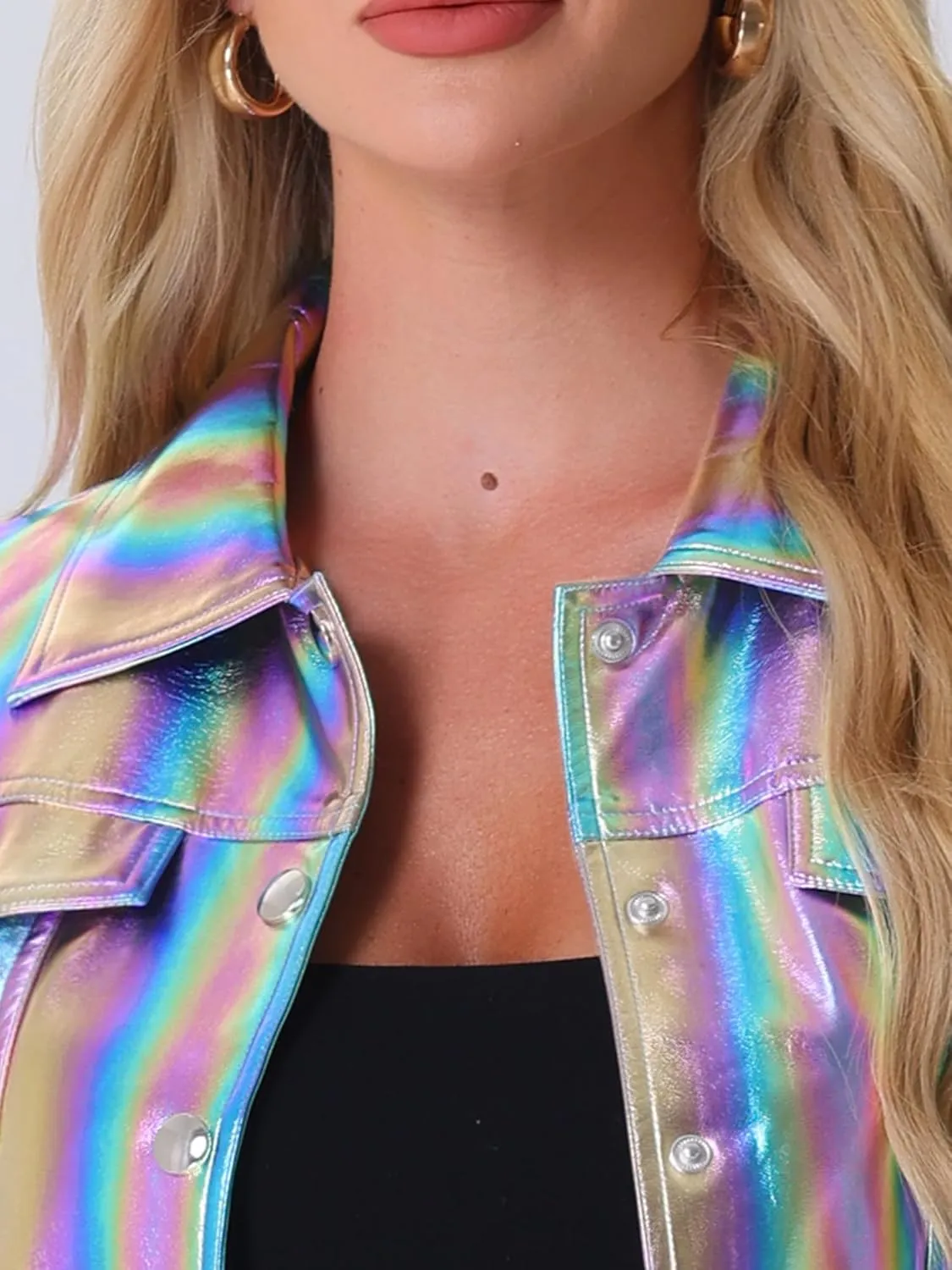 Allegra K Metallic Jacket for Women's Moto Biker Jacket Holographic Shiny Crop Party Jackets