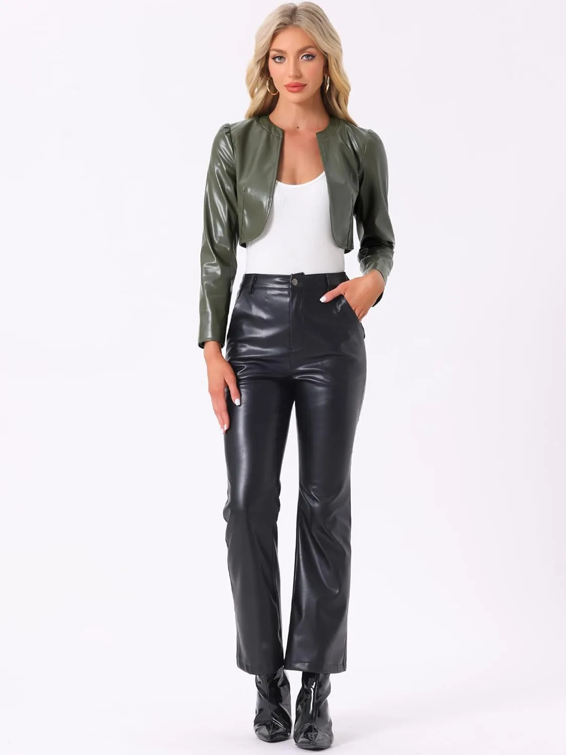 Allegra K PU Leather Crop Jackets for Women's Open Front Long Sleeve Jacket