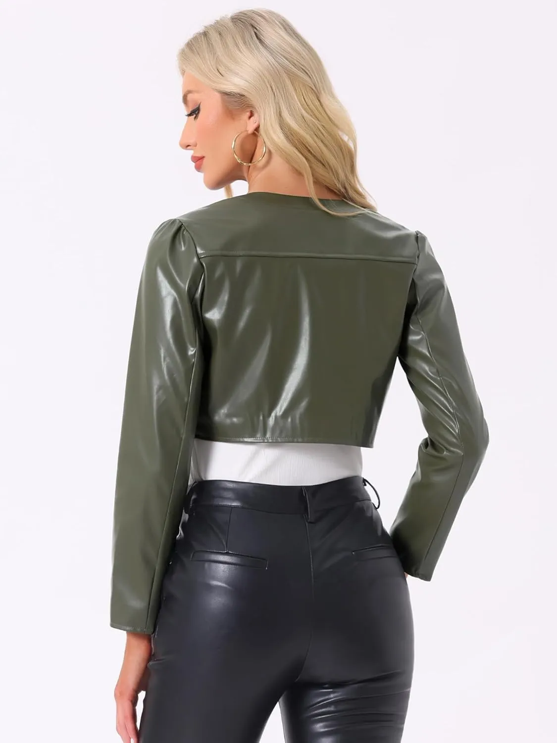 Allegra K PU Leather Crop Jackets for Women's Open Front Long Sleeve Jacket