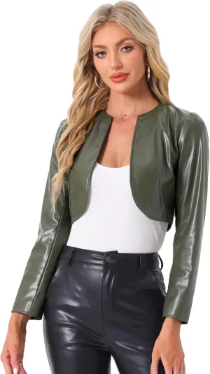 Allegra K PU Leather Crop Jackets for Women's Open Front Long Sleeve Jacket