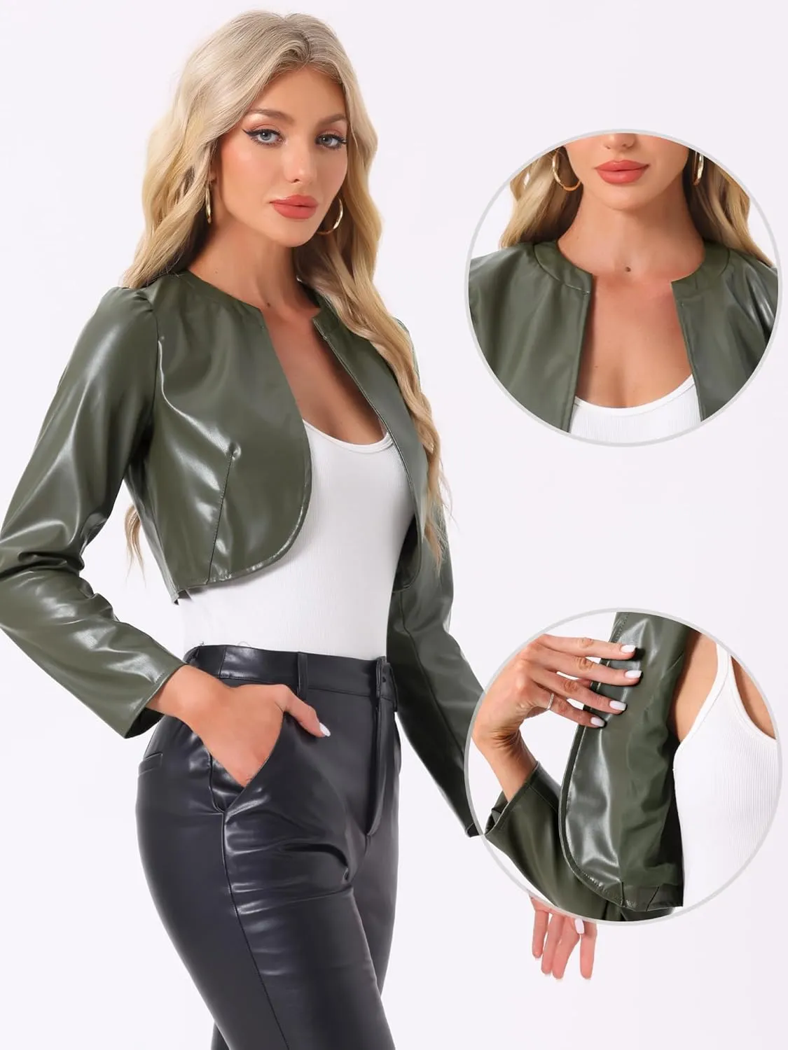 Allegra K PU Leather Crop Jackets for Women's Open Front Long Sleeve Jacket