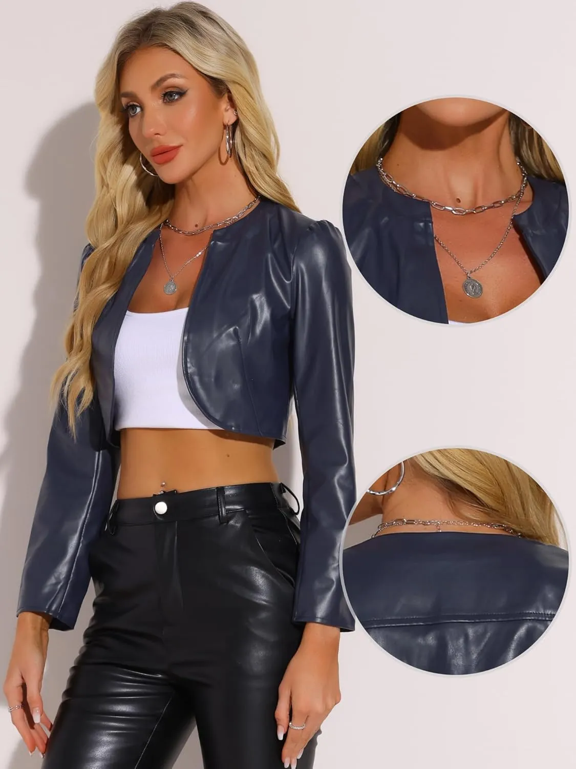 Allegra K PU Leather Crop Jackets for Women's Open Front Long Sleeve Jacket