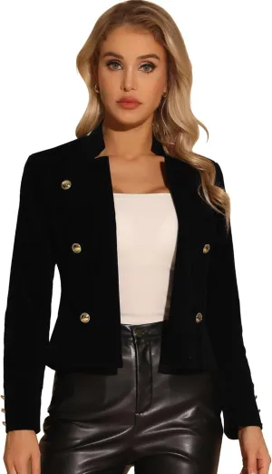 Allegra K Velvet Jacket for Women's Stand Collar Button Decor Open Front Vintage Jackets
