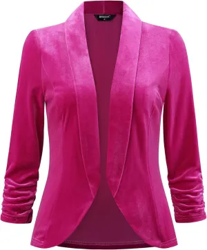 Allegra K Velvet Jackets for Women's 3/4 Sleeve Open Front Velvet Cardigan