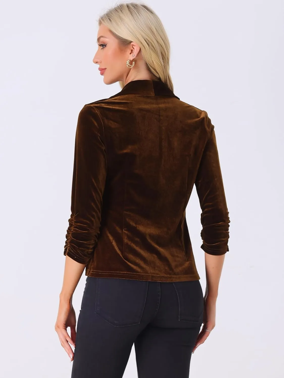 Allegra K Velvet Jackets for Women's 3/4 Sleeve Open Front Velvet Cardigan