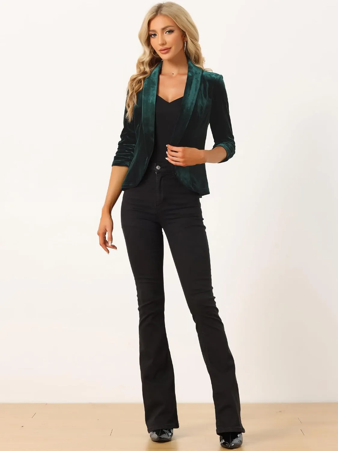 Allegra K Velvet Jackets for Women's 3/4 Sleeve Open Front Velvet Cardigan