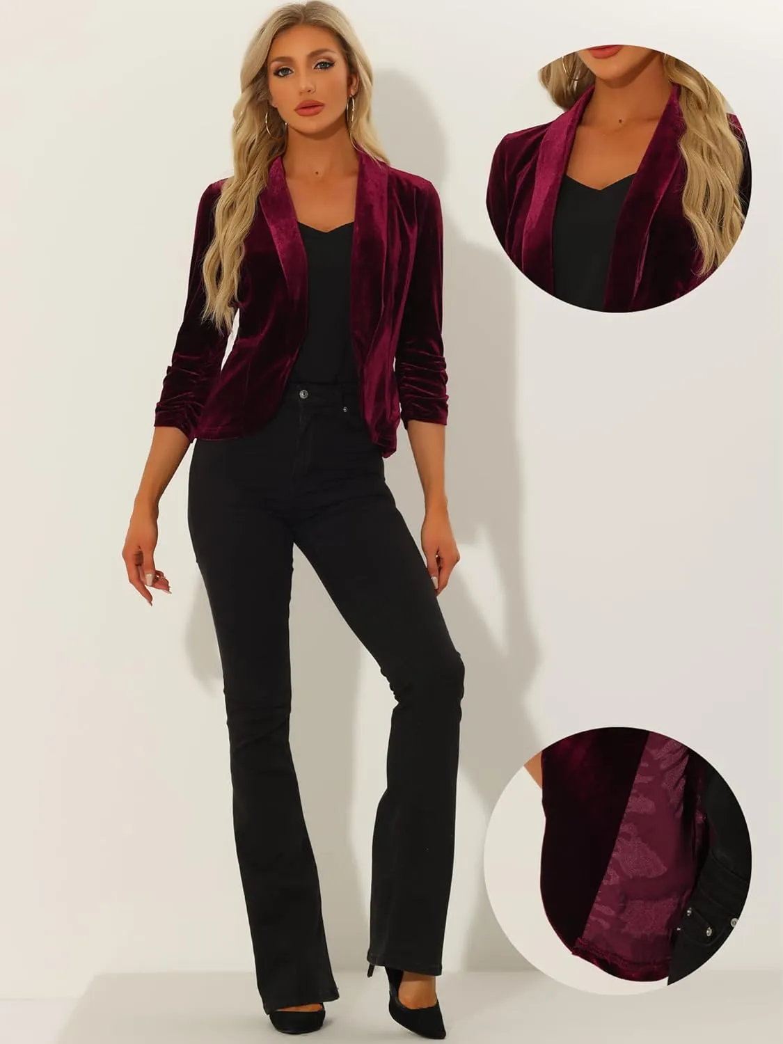 Allegra K Velvet Jackets for Women's 3/4 Sleeve Open Front Velvet Cardigan