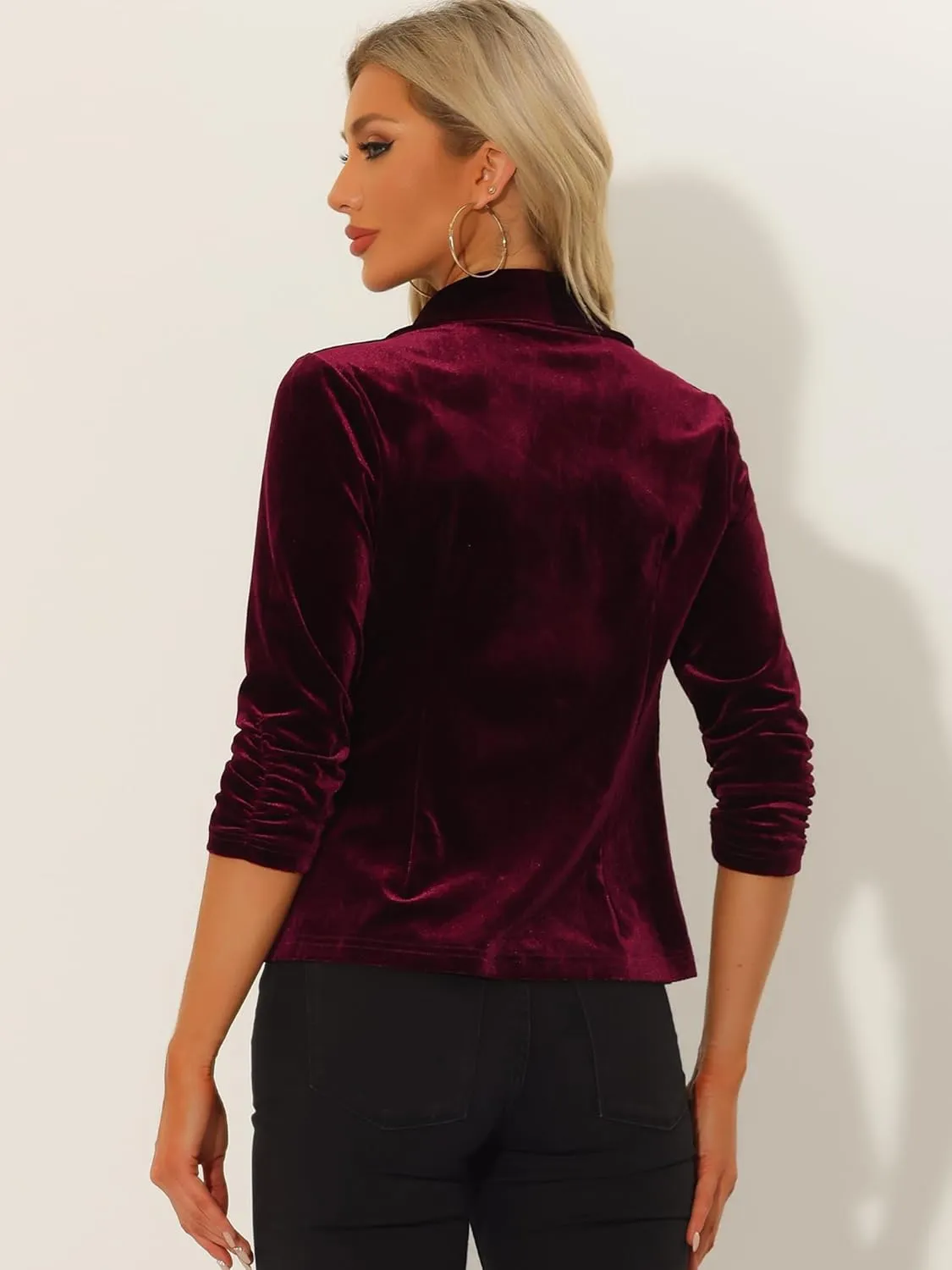 Allegra K Velvet Jackets for Women's 3/4 Sleeve Open Front Velvet Cardigan