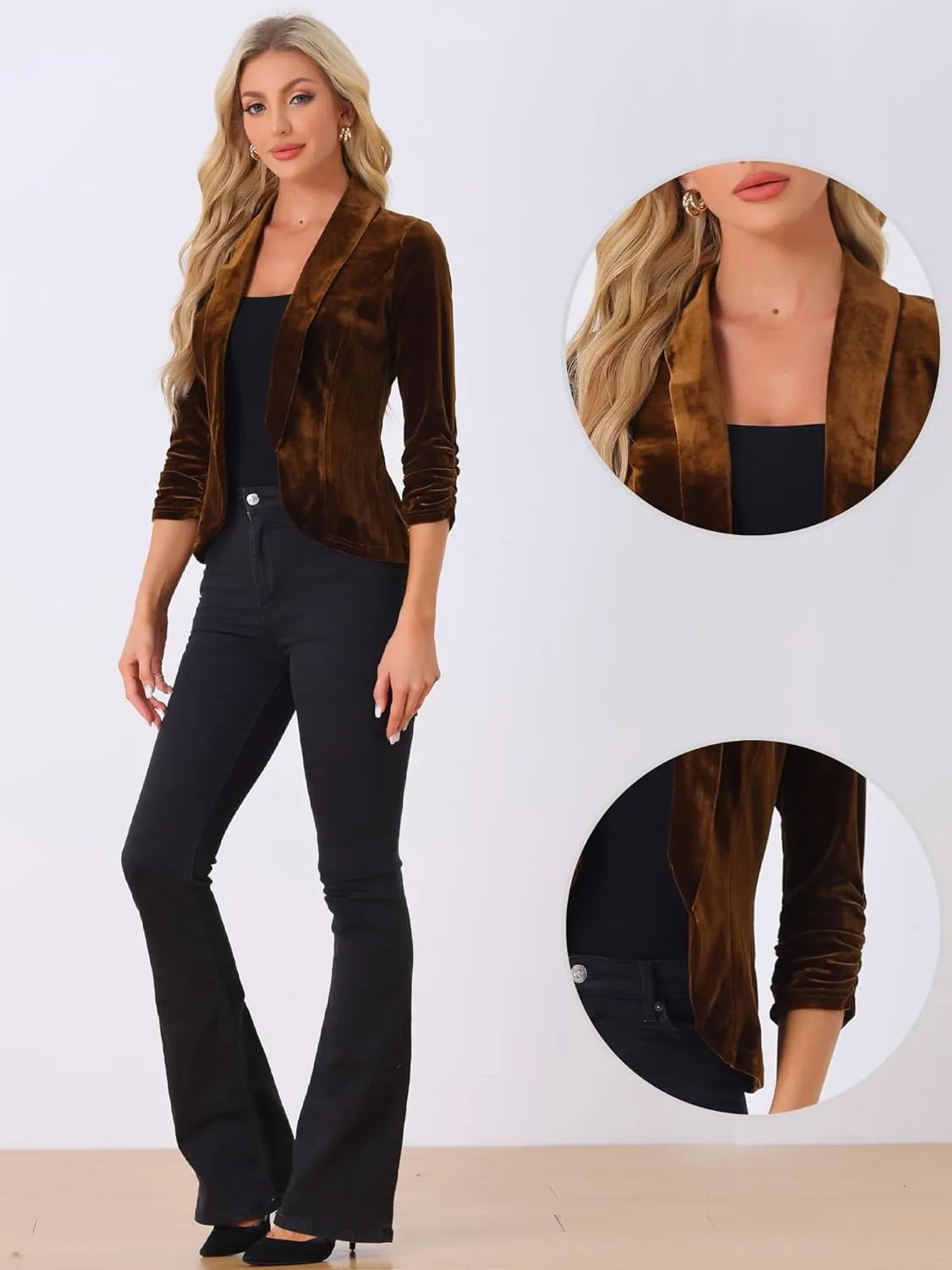 Allegra K Velvet Jackets for Women's 3/4 Sleeve Open Front Velvet Cardigan
