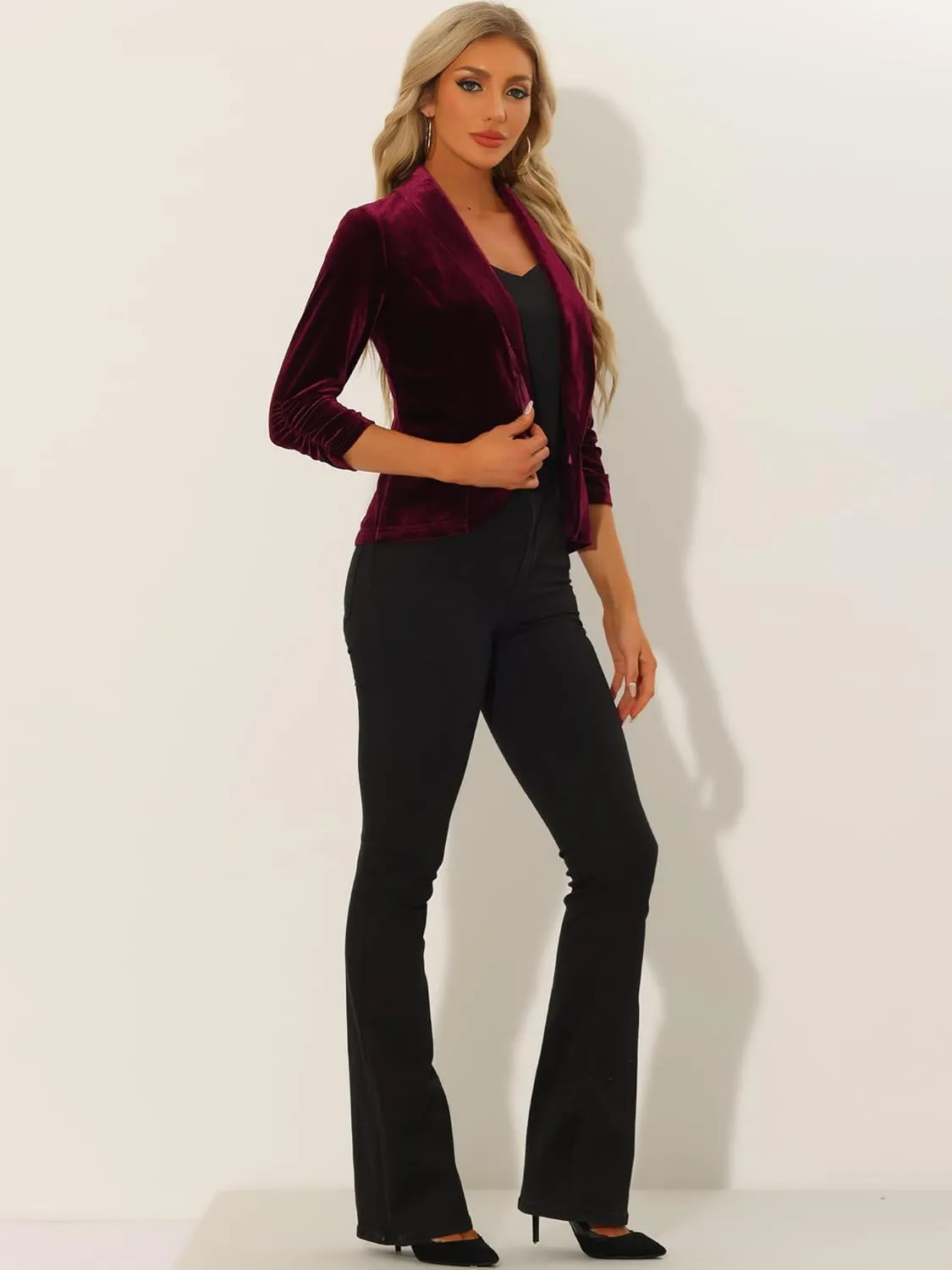 Allegra K Velvet Jackets for Women's 3/4 Sleeve Open Front Velvet Cardigan