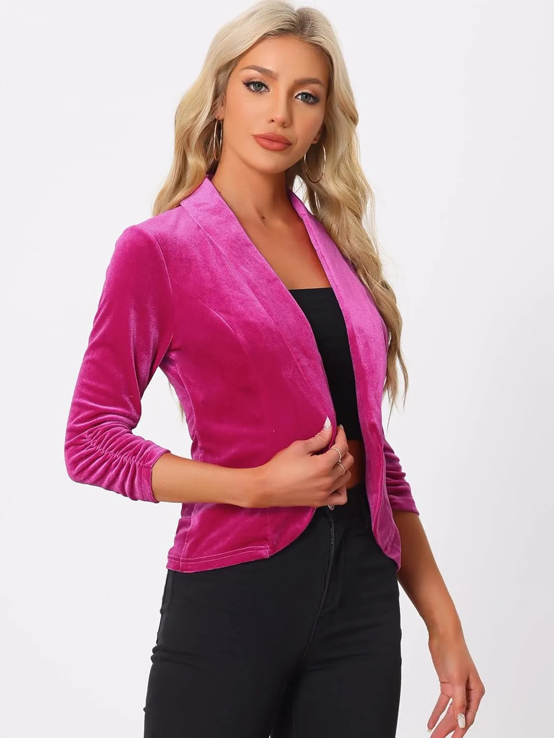 Allegra K Velvet Jackets for Women's 3/4 Sleeve Open Front Velvet Cardigan