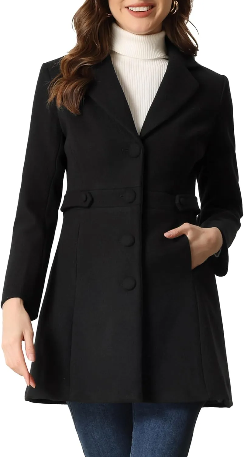 Allegra K Winter Coat for Women's 2024 Notched Lapel Single Breasted Button Down Outerwear Pea Coats