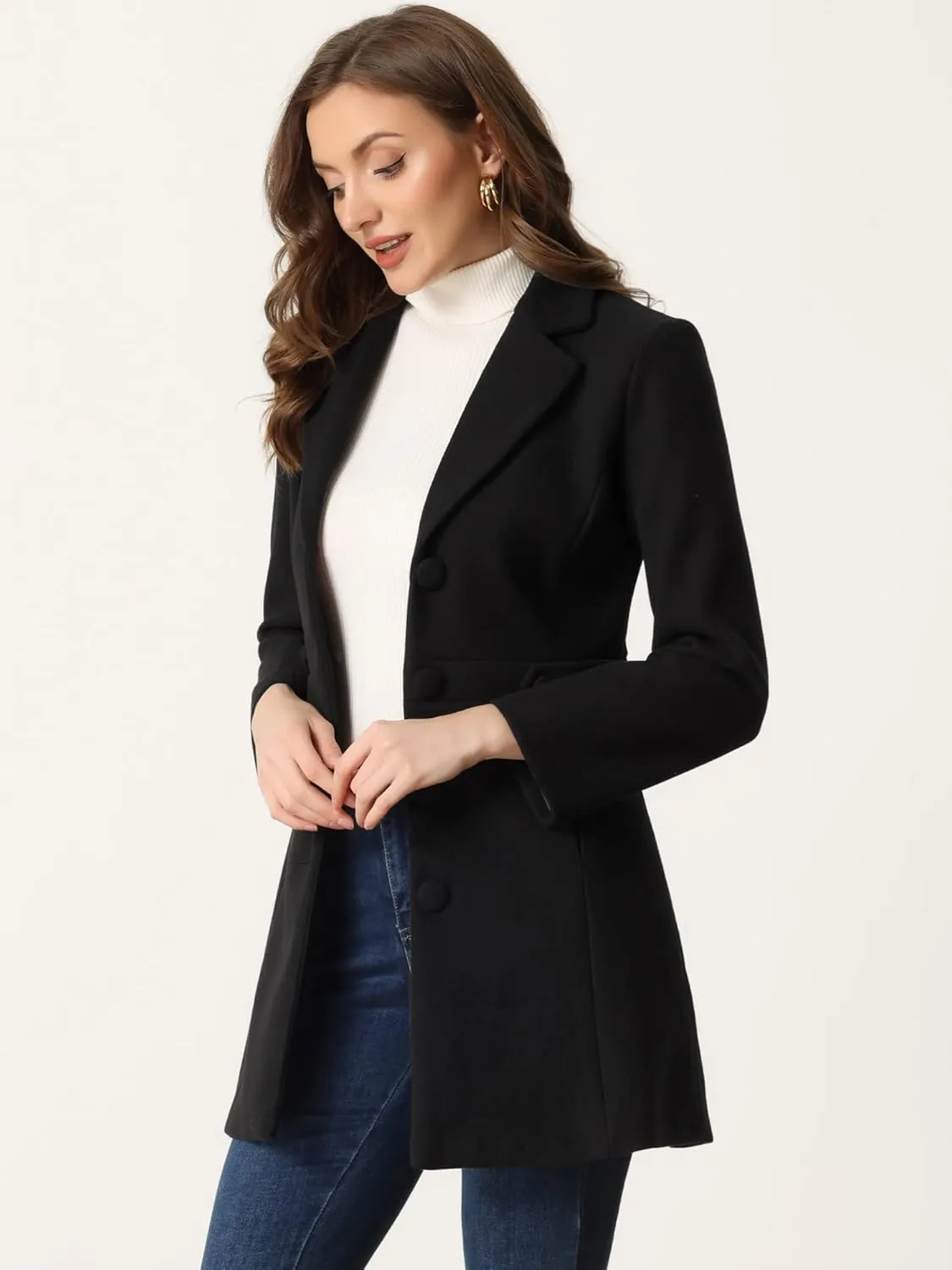 Allegra K Winter Coat for Women's 2024 Notched Lapel Single Breasted Button Down Outerwear Pea Coats