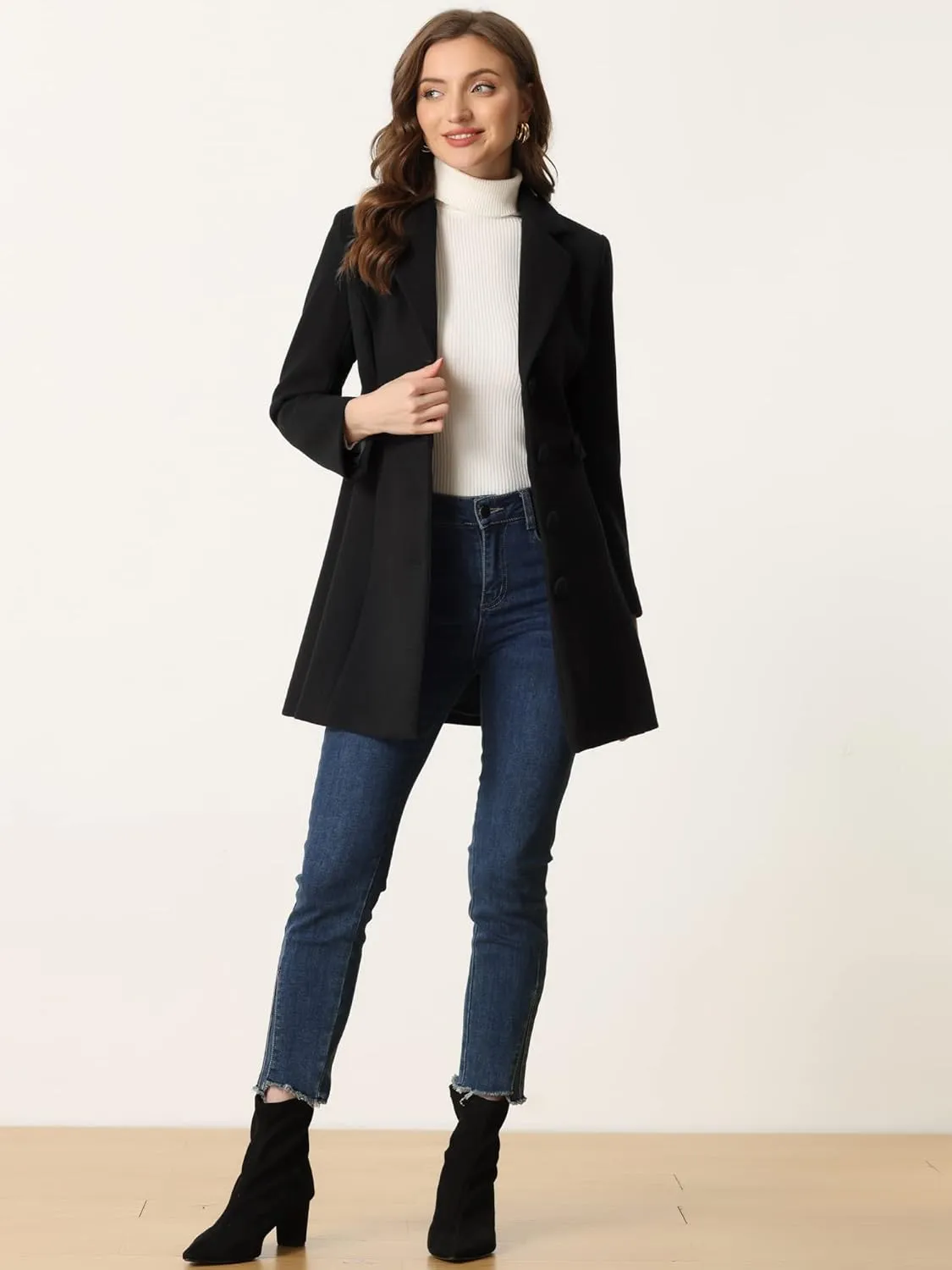 Allegra K Winter Coat for Women's 2024 Notched Lapel Single Breasted Button Down Outerwear Pea Coats