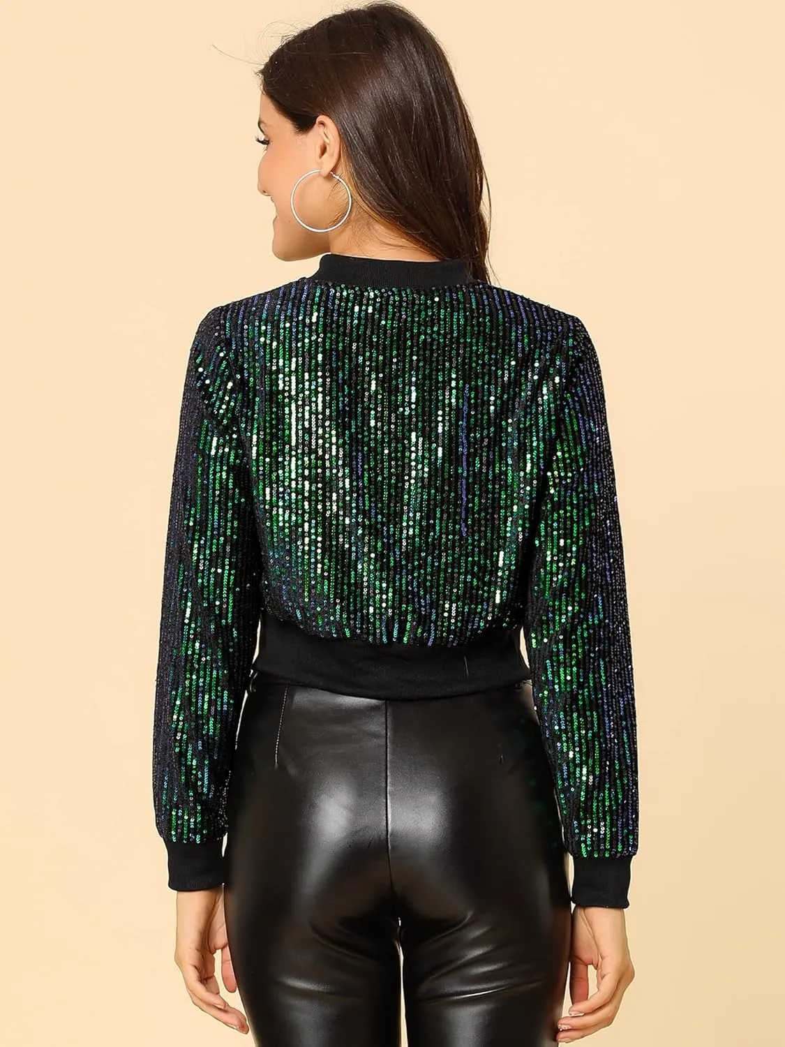 Allegra K Women Sequin Jackets 2025 Party Club Sparkly Cropped Bomber Jacket Disco Outfit