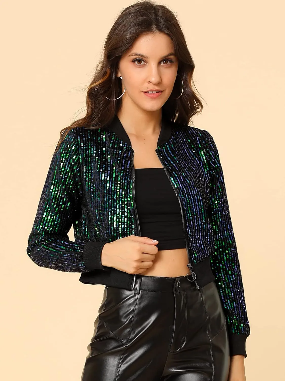 Allegra K Women Sequin Jackets 2025 Party Club Sparkly Cropped Bomber Jacket Disco Outfit