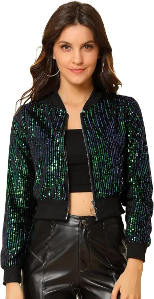 Allegra K Women Sequin Jackets 2025 Party Club Sparkly Cropped Bomber Jacket Disco Outfit