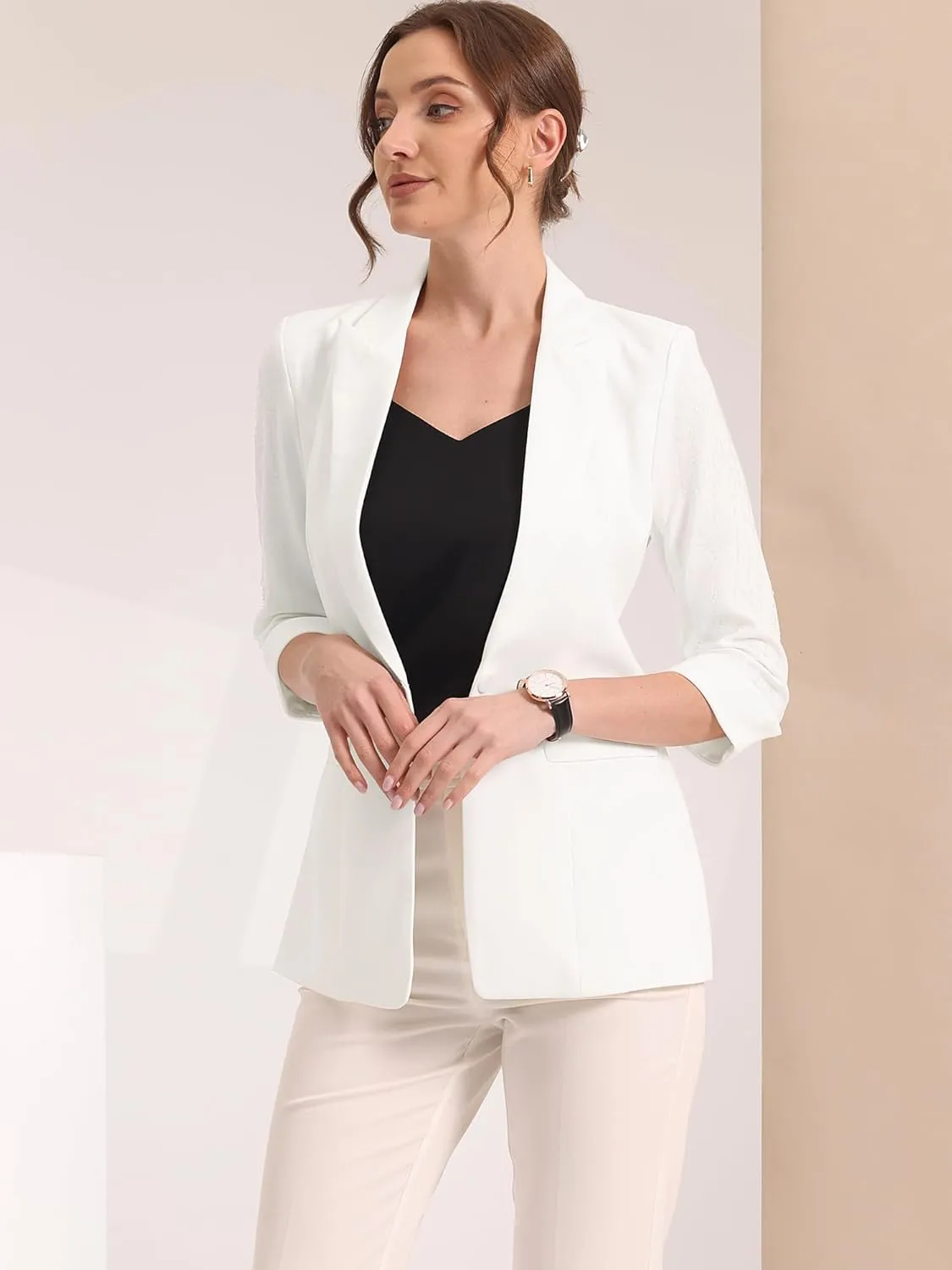 Allegra K Women's 3/4 Sleeve Blazer Jackets Business Casual Rhinestone Formal Suit