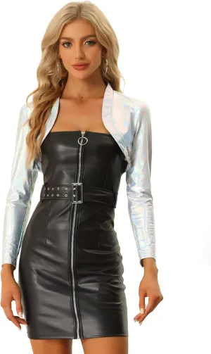 Allegra K Women's Bolero Jackets Holographic Shrug Open Front Metallic Shiny Cropped Cardigan