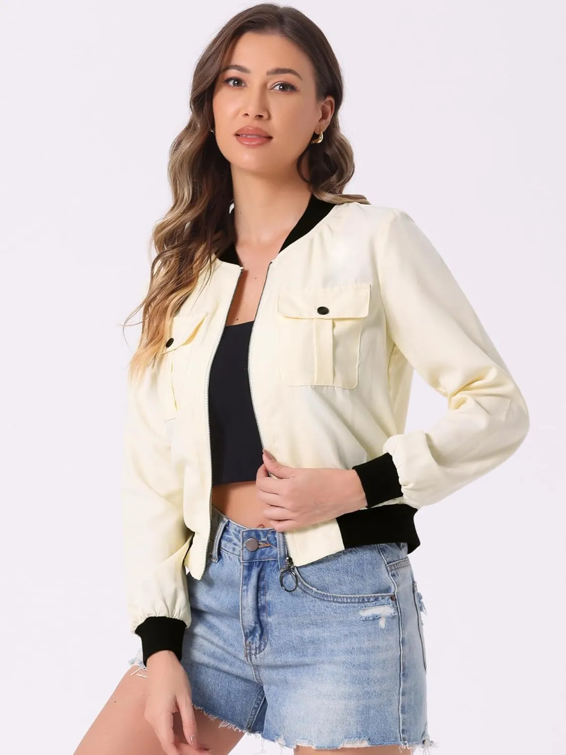 Allegra K Women's Bomber Jacket Long Sleeve Casual Lightweight Zip Up Fall Coat Outerwear Windbreaker
