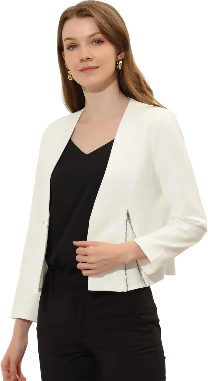 Allegra K Women's Crop Collarless Blazers Suit Zip Decor Work Office Jackets Blazer