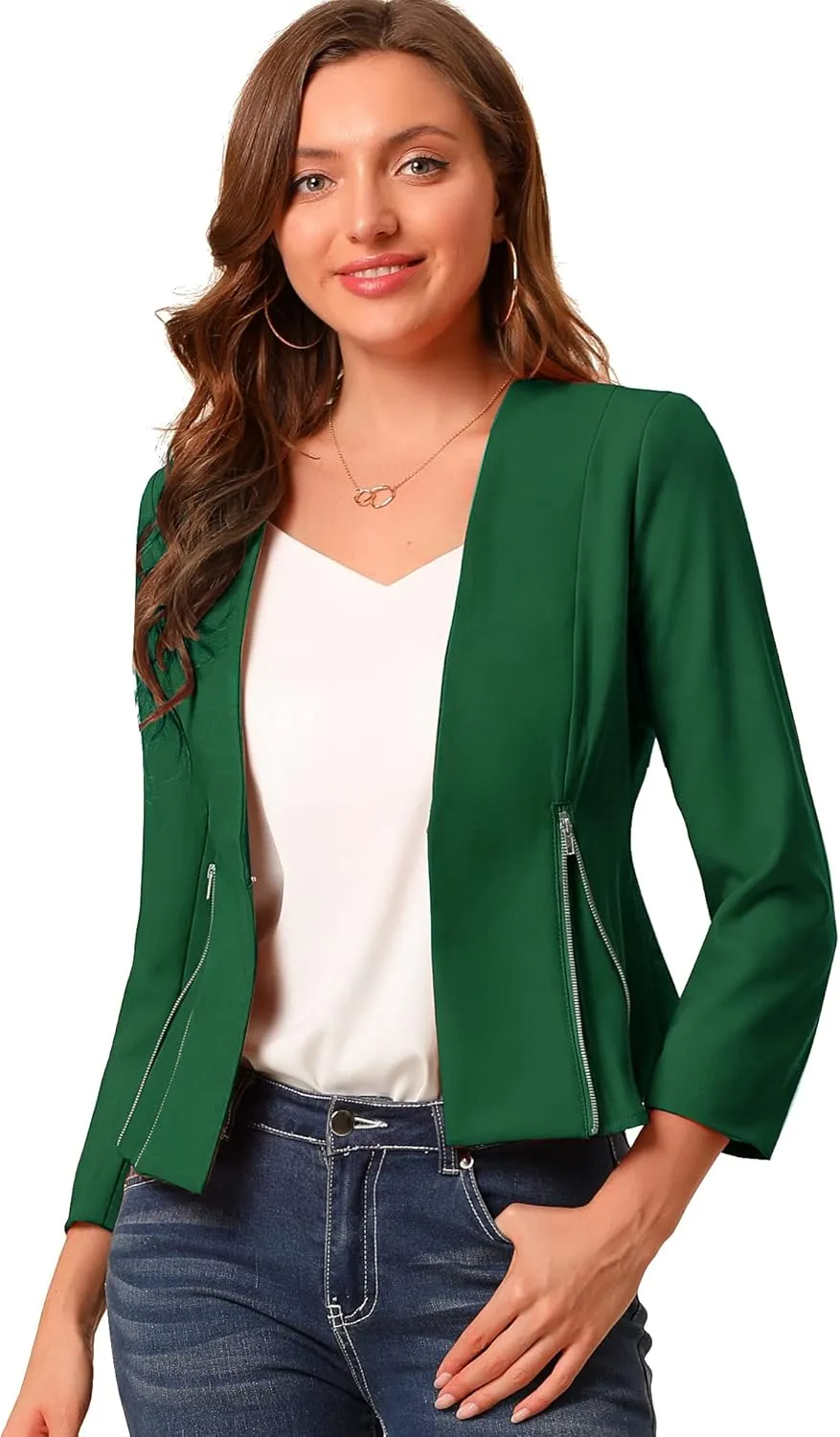 Allegra K Women's Crop Collarless Blazers Suit Zip Decor Work Office Jackets Blazer