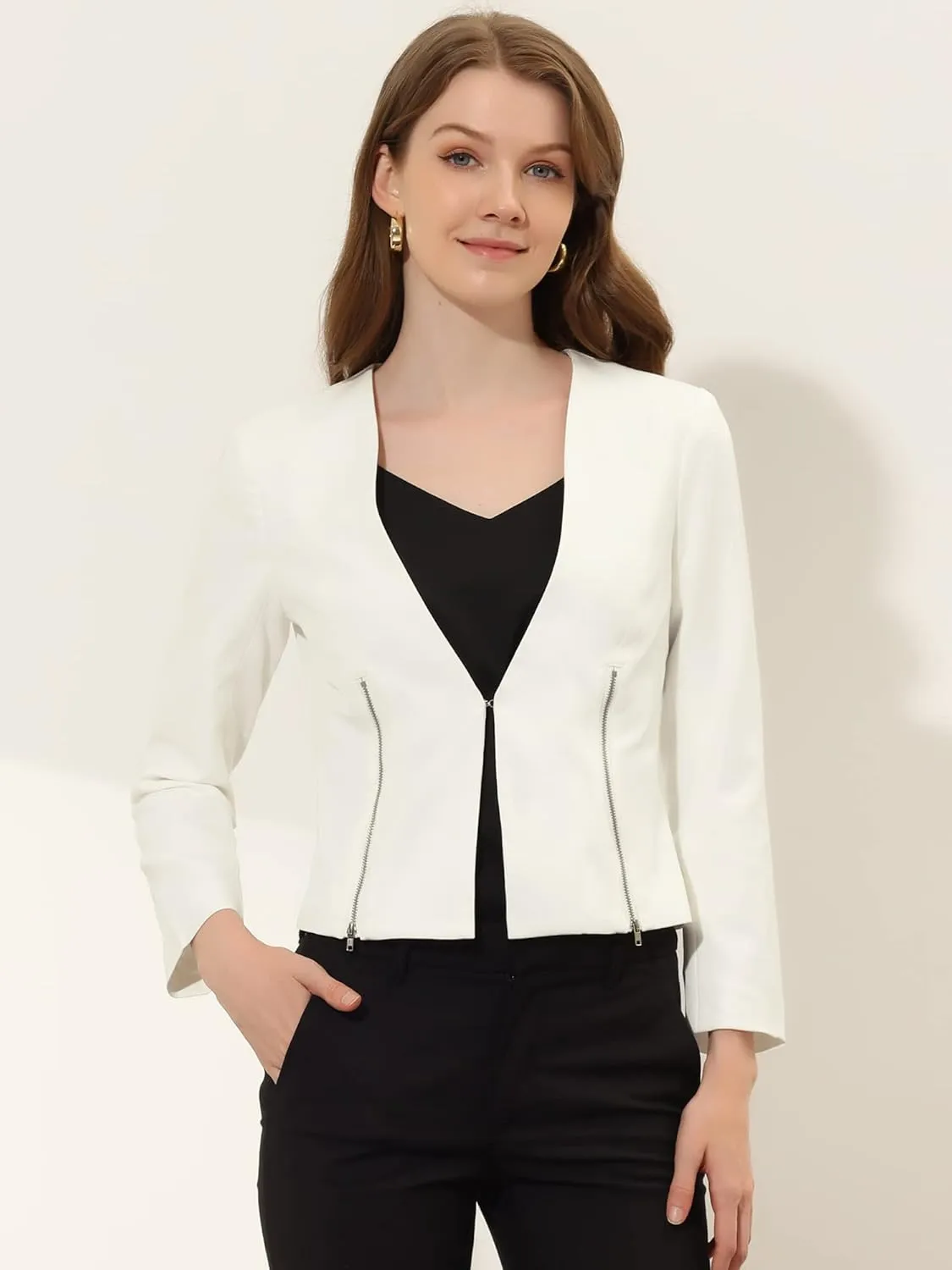 Allegra K Women's Crop Collarless Blazers Suit Zip Decor Work Office Jackets Blazer
