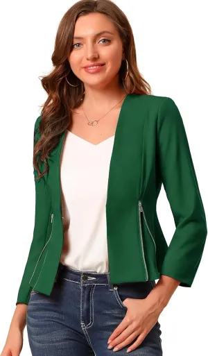 Allegra K Women's Crop Collarless Blazers Suit Zip Decor Work Office Jackets Blazer