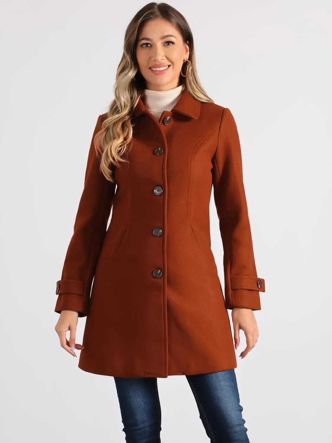 Allegra K Women's Winter Outerwear Overcoat Peter Pan Collar Mid-thigh A-line Single Breasted Pea Coat