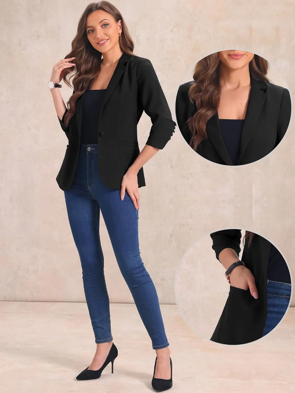 Allegra K Work Office Jackets for Women's Casual Ruched 3/4 Sleeve Blazer