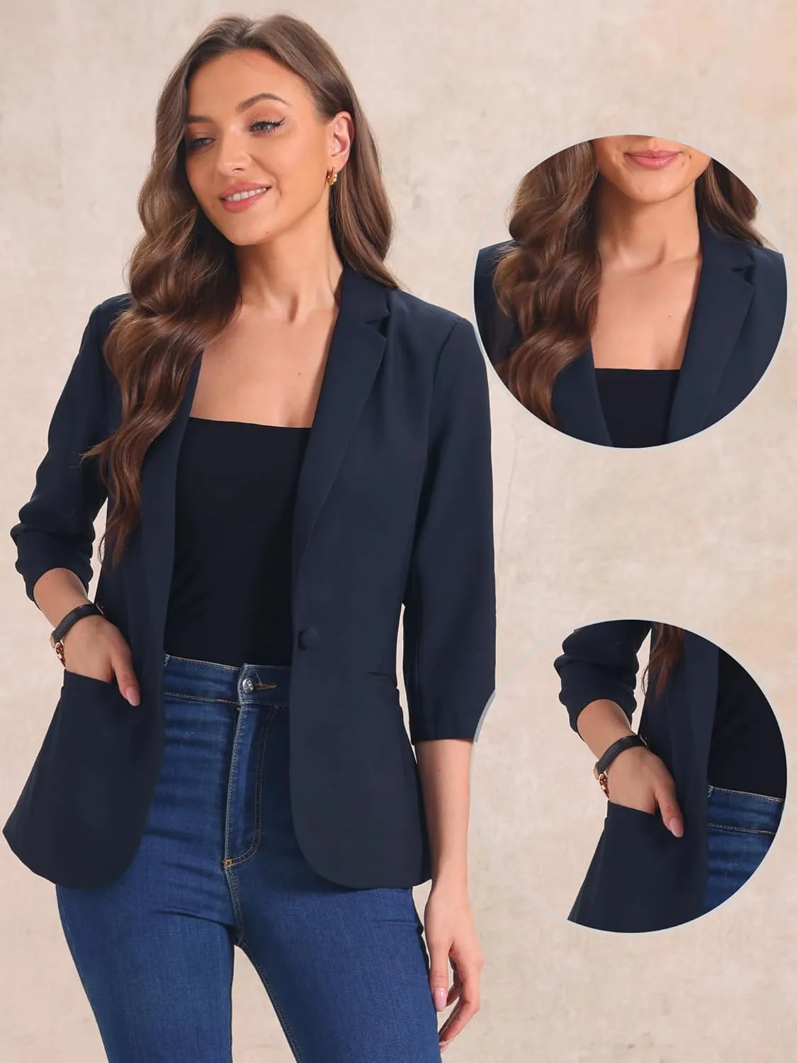 Allegra K Work Office Jackets for Women's Casual Ruched 3/4 Sleeve Blazer