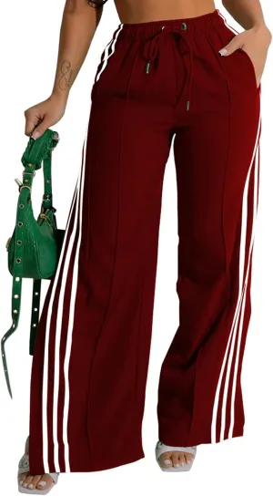 Alunzoem Womens Wide Leg Pants High Waist Striped Side Slit Stretch Casual Loose Drawstring Pant Trousers