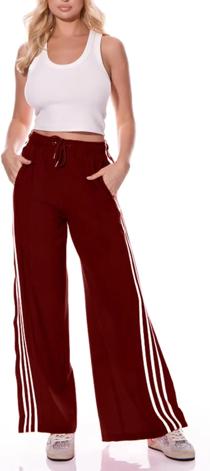Alunzoem Womens Wide Leg Pants High Waist Striped Side Slit Stretch Casual Loose Drawstring Pant Trousers